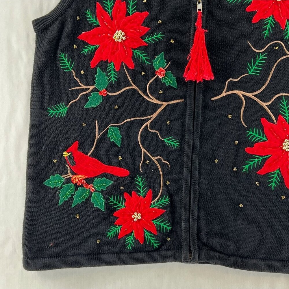 Sarah Bentley VTG Christmas Sweater Vest Sz L Poinsettia Beaded Tassel Black Red - Picture 4 of 10